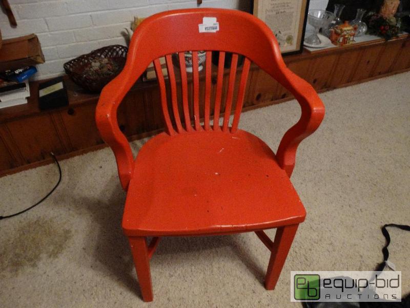 lot 2317 image: Vintage orange painted oak arm chair....