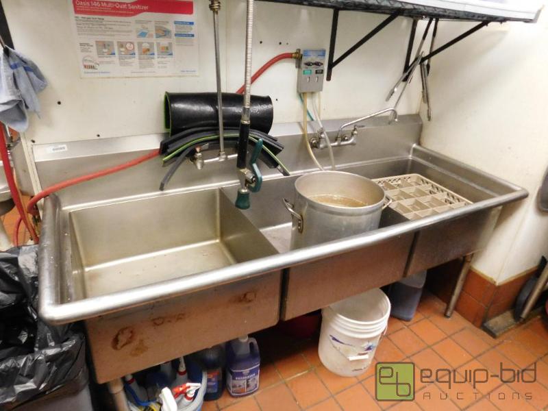 lot 1319 image: 3 Bay Stainless Steel Sink with Faucet and Spray Down