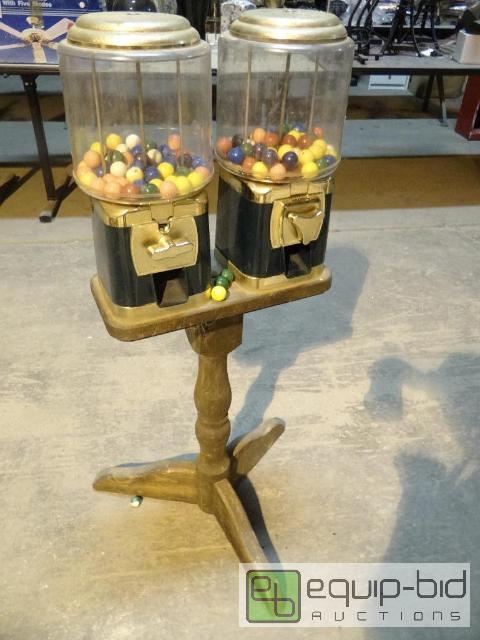 lot 2057 image: (2) Bubble Gum Dispencers w Wood Crafted Base Both Dispences Gum