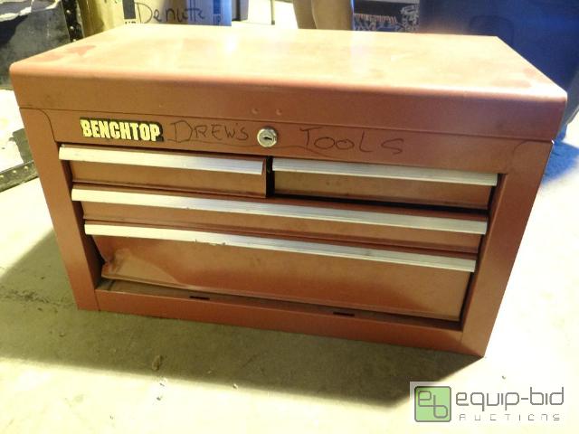 lot 2123 image: Benchtop 4 Drawer Metal Tool Storage Chest Tools Included